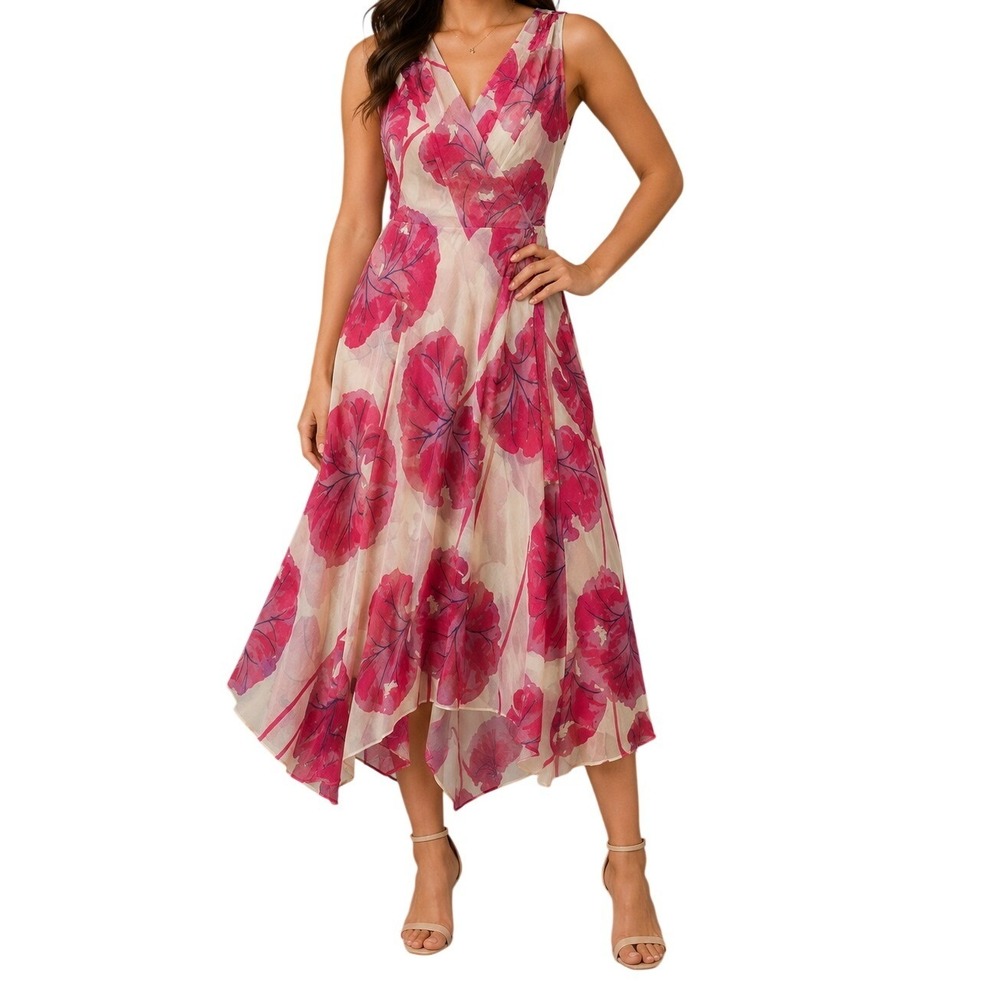 Diane von Furstenberg Pink Leaf Silk Chiffon Midi Dress Women's Medium